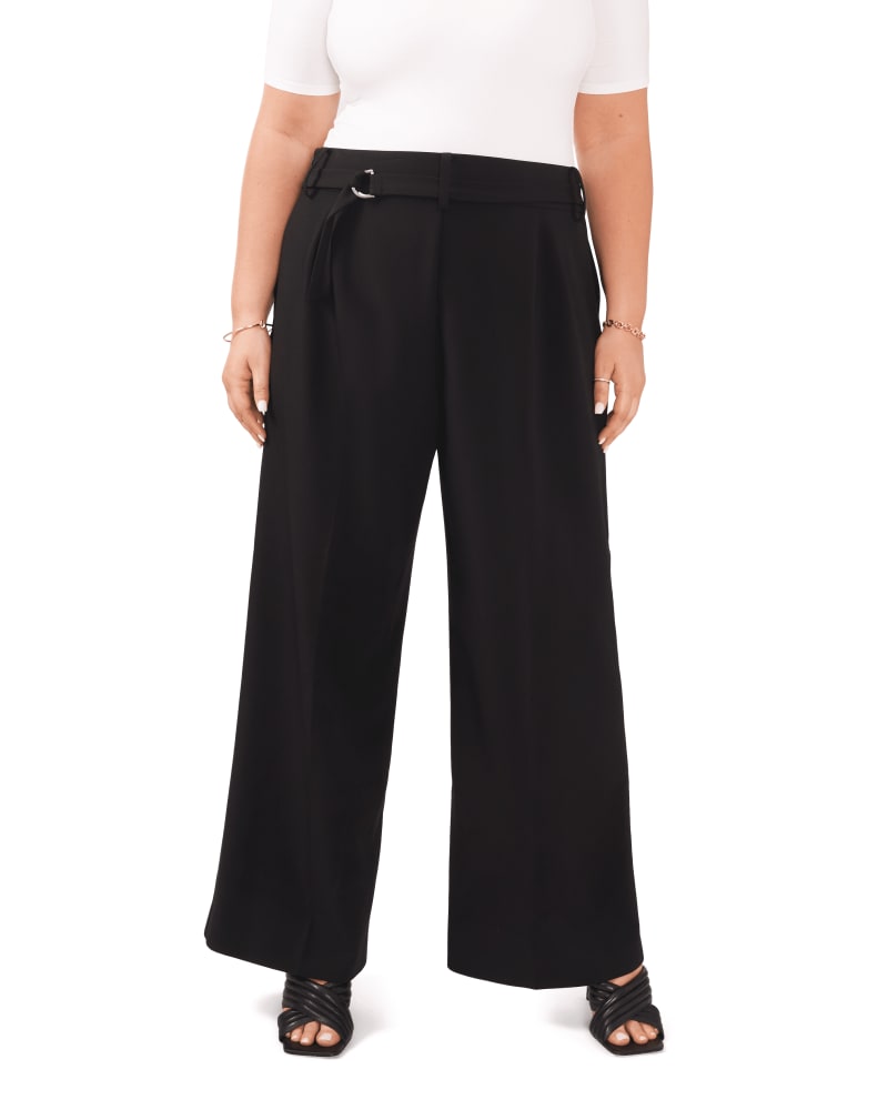 Front of a model wearing a size 14W Layla Belted Straight Leg Pant in RICH BLACK by Vince Camuto. | dia_product_style_image_id:260952